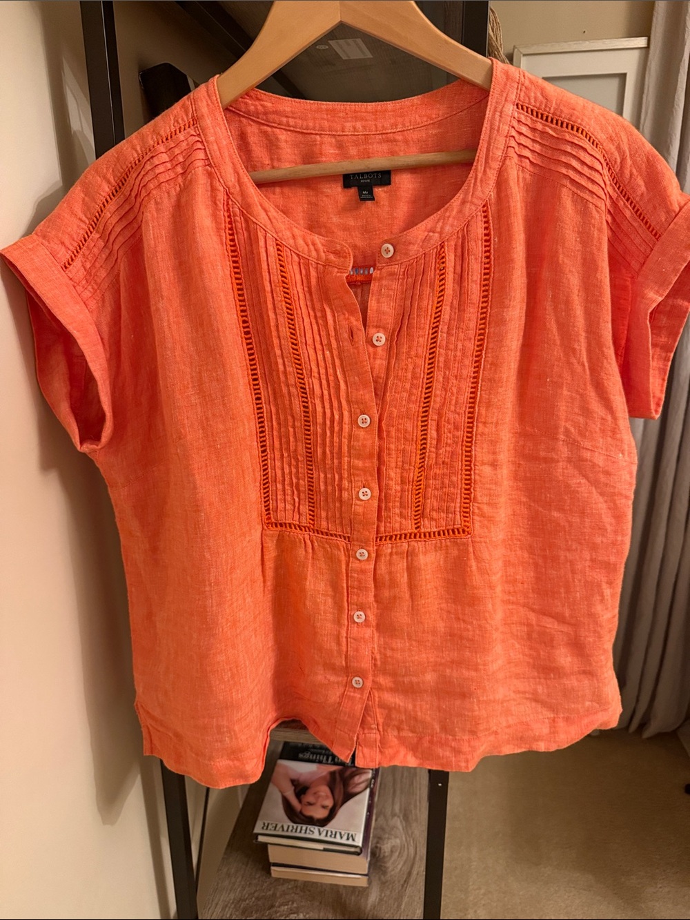 Talbots Coral Orange Linen Pintuck Button-Front Blouse